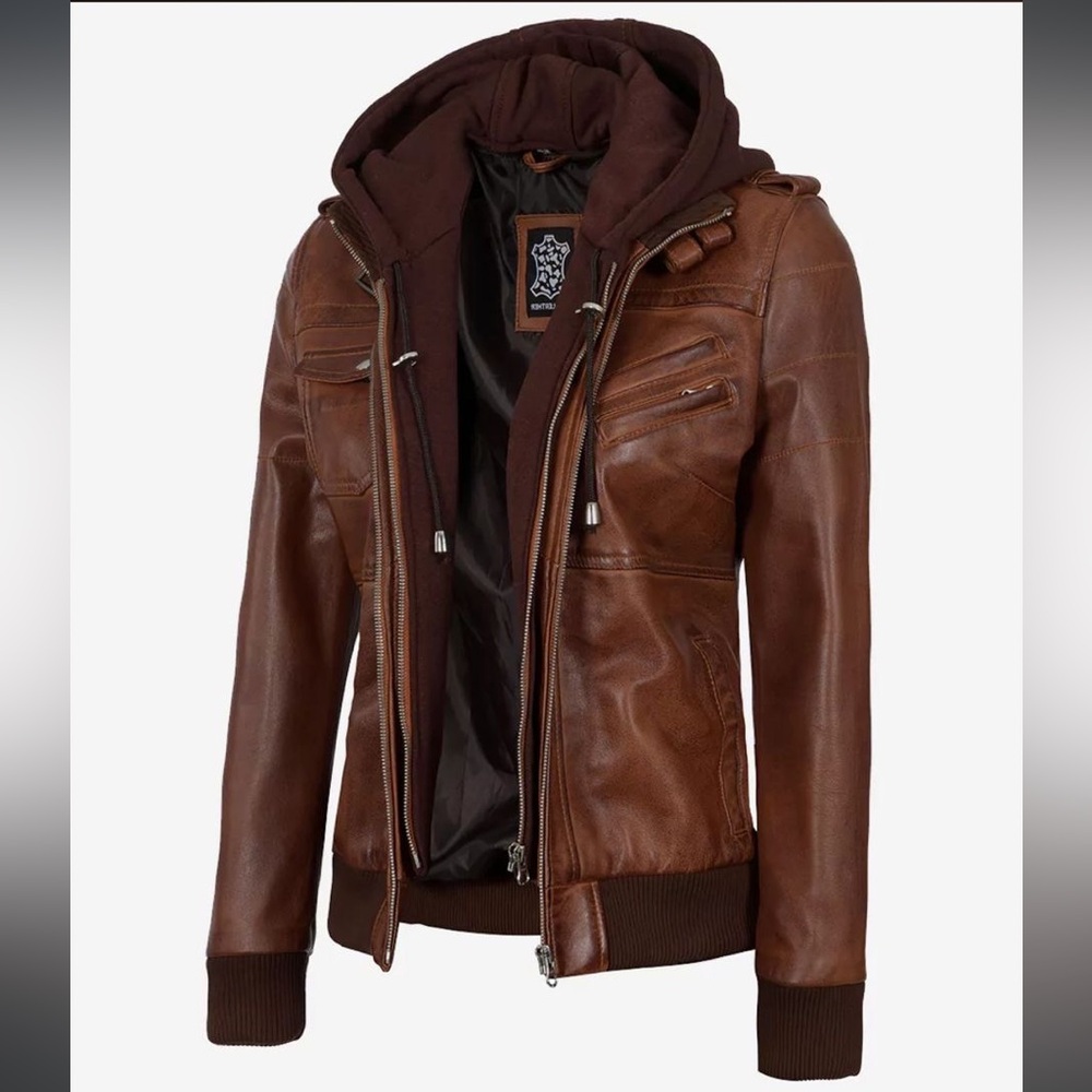 Women’s Brown Lambskin Leather Hooded Bomber Jacket - Picture 3 of 11